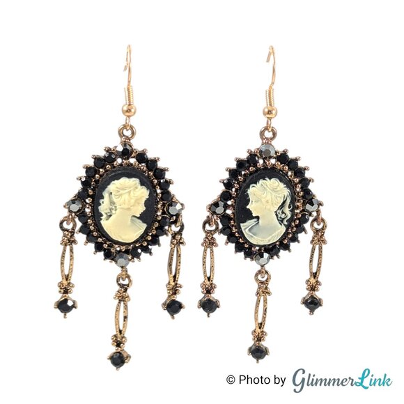 Vintage Style Black Cameo Gothic Chandelier Dangle Earrings Victorian Revival - Picture 3 of 8